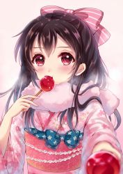 Rule 34 | 1girl, beads, black hair, blue ribbon, blush, bow, breath, candy apple, commentary request, eating, floral print, food, food in mouth, hair between eyes, hair bow, hair down, holding, holding food, incoming food, japanese clothes, kimono, long hair, long sleeves, looking at viewer, love live!, love live! school idol project, obi, outstretched arm, pink background, pink bow, pink scarf, pov, print kimono, print sash, print ribbon, reaching, reaching towards viewer, red eyes, revision, ribbon, sakura hiyori, sash, scarf, simple background, solo, striped, striped bow, upper body, yazawa nico