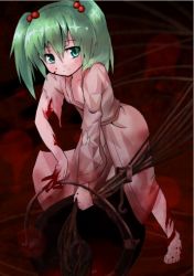 Rule 34 | 1girl, ayagi daifuku, barefoot, blood, blood stain, bucket, female focus, green eyes, green hair, hair bobbles, hair ornament, kisume, matching hair/eyes, rope, smile, solo, torn clothes, touhou, twintails, yandere