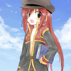 Rule 34 | 1girl, ark kan, black coat, black eyes, black hat, blue sky, blush, book, breasts, brown pants, cloud, coat, commentary request, cowboy shot, crossdressing, flying sweatdrops, hat, holding, holding book, long hair, long sleeves, looking at viewer, multicolored coat, no bra, open clothes, open coat, open mouth, pants, priest (ragnarok online), ragnarok online, red coat, red hair, sky, small breasts, solo, two-tone coat