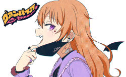 Rule 34 | 1girl, akihitohappy, bandaid, earrings, fangs, from side, highres, jewelry, konoe kanata, love live!, love live! nijigasaki high school idol club, mask, mask pull, medium hair, open mouth, orange hair, parody, purple eyes, purple shirt, ring, shirt, simple background, smile, solo, song name, vampire (vocaloid), vocaloid, white background