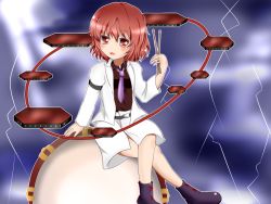 Rule 34 | 1girl, ankle boots, armband, boots, crossed legs, drum, drum set, drumsticks, gradient background, highres, horikawa raiko, instrument, jacket, kamesys, looking at viewer, necktie, open mouth, red eyes, red hair, short hair, simple background, sitting, skirt, solo, touhou