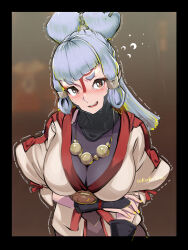 Rule 34 | 1girl, black border, blunt bangs, blush, border, breasts, brown background, covered collarbone, facial mark, flying sweatdrops, forehead mark, grey hair, hair ornament, hair stick, highres, jewelry, koda1ra, large breasts, long hair, looking at viewer, necklace, nintendo, paya (zelda), pointy ears, sheikah, solo, sweat, the legend of zelda, the legend of zelda: breath of the wild, trembling, upper body