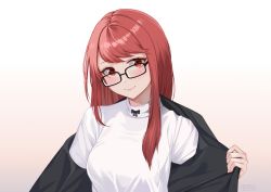 Rule 34 | 1girl, artist name, black-framed eyewear, black jacket, blush, closed mouth, commentary, english commentary, fingernails, glasses, highres, jacket, lips, long hair, looking at viewer, persona, persona 5, persona 5 the royal, pink lips, red eyes, red hair, school uniform, shirt, shuujin academy school uniform, smile, solo, undressing, upper body, white shirt, yoshizawa sumire, yura s arts