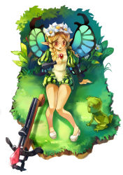 Rule 34 | 1girl, absurdres, blonde hair, blush, bow (weapon), butterfly wings, cameltoe, crossbow, fairy, flower, frog, hair flower, hair ornament, highres, insect wings, kamisakai, mercedes (odin sphere), o3o, odin sphere, pointy ears, puff and slash sleeves, puffy shorts, puffy sleeves, red eyes, shorts, solo, weapon, wings