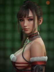 black_hair breasts closed_mouth earrings eve_(stellar_blade) game_cg jewelry large_breasts official_art ponytail santa_dress_(stellar_blade) sideboob smile stellar_blade