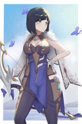 Rule 34 | 1girl, absurdres, black hair, blunt bangs, bob cut, bodystocking, bow (weapon), bra, breasts, bug, butterfly, capelet, cleavage, crossbow, fishnets, fur trim, genshin impact, gloves, green eyes, hand on own hip, highres, holding, holding weapon, insect, kcar66t, large breasts, looking to the side, short hair, solo, underwear, vision (genshin impact), weapon, white gloves, yelan (genshin impact)