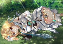 Rule 34 | 1girl, arm guards, blonde hair, boots, breasts, cleavage, commentary request, detached sleeves, dress, flower, genshin impact, grass, hair between eyes, hair flower, hair ornament, helvetica std, highres, looking at viewer, lumine (genshin impact), lying, on side, parted lips, scarf, short hair, sidelocks, solo, sunlight, thigh boots, thighhighs, tree shade, white dress, white footwear, white scarf, white thighhighs, yellow eyes, zettai ryouiki