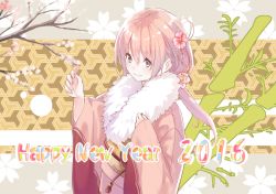 Rule 34 | 10s, 1girl, 2016, bad id, bad pixiv id, floral print, flower, hair flower, hair ornament, happy new year, japanese clothes, kimono, long hair, looking at viewer, new year, obi, original, pink eyes, pink hair, sash, smile, sola (solo0730), sola syu, solo