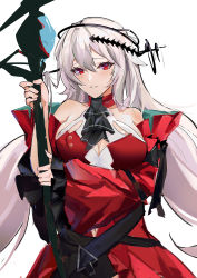 Rule 34 | 1girl, arknights, ascot, bare shoulders, black ascot, breasts, chinese commentary, clothing cutout, commentary request, dress, drive shot, highres, holding, holding staff, long hair, long sleeves, medium breasts, navel cutout, no headwear, official alternate costume, parted lips, red dress, red eyes, silver hair, simple background, skadi (arknights), skadi the corrupting heart (arknights), smile, solo, staff, upper body, white background, wide sleeves