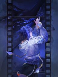 Rule 34 | 1girl, abstract background, absurdres, black shorts, blue hair, blue nails, chinese commentary, commentary, cowboy shot, crache (path to nowhere), film strip, from side, hair over eyes, highres, hood, hood down, hooded jacket, jacket, medium hair, nail polish, own hands together, path to nowhere, profile, shorts, signature, solo, white jacket, zheshanshan, zipper, zipper pull tab