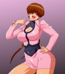 Rule 34 | 1girl, breasts, brown hair, cleavage, cleavage cutout, clothing cutout, contrapposto, cropped jacket, earrings, hair over eyes, hand on own hip, highres, jewelry, large breasts, laughing, leotard, long hair, makani kohitujito, miniskirt, open mouth, shermie (kof), skirt, snk, solo, split ponytail, standing, the king of fighters, twintails