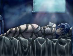 Rule 34 | 10s, 1girl, arms behind back, bdsm, bed, blue eyes, blue hair, bondage, bound, breast bondage, closed mouth, female focus, hai to gensou no grimgar, highres, matching hair/eyes, merry (grimgar), shier&#039;s web, solo, tears