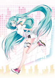 Rule 34 | 1girl, absurdly long hair, agonasubi, anniversary, aqua eyes, aqua hair, artist name, artist request, blue eyes, blue hair, blue nails, bottle, clothes around waist, female focus, full body, hair ornament, hairclip, hatsune miku, highres, jacket, jacket around waist, long hair, looking at viewer, nail, nail polish, outstretched arms, pink footwear, shirt, shoes, shorts, smile, solo, standing, standing on one leg, twintails, very long hair, vocaloid, water bottle, white shirt, white shorts