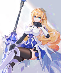 Rule 34 | 1girl, :o, absurdres, armor, armored boots, armored dress, armpits, bare shoulders, bianka durandal ataegina, bianka durandal ataegina (bright knight: excelsis), blonde hair, blue eyes, boots, crossed legs, dress, earrings, gauntlets, hair between eyes, hair ornament, highres, honkai (series), honkai impact 3rd, invisible chair, jewelry, lance, long hair, looking at viewer, open mouth, polearm, sitting, sleeveless, sleeveless dress, solo, wavy hair, weapon, wucanming