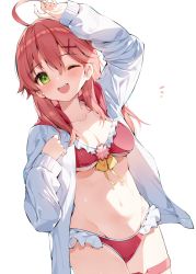 Rule 34 | 1girl, ;d, ahoge, arm up, bikini, blush, breasts, collarbone, frilled bikini, frills, green eyes, hair between eyes, hair ornament, hana mori, highres, hololive, jacket, long hair, looking at viewer, medium breasts, navel, one eye closed, open clothes, open jacket, open mouth, red bikini, red hair, sakura miko, smile, solo, swimsuit, virtual youtuber, white jacket, x hair ornament
