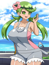 Rule 34 | 1girl, bare shoulders, blue sky, breasts, cloud, creatures (company), flower, game freak, green eyes, green hair, hair flower, hair ornament, highres, large breasts, mallow (pokemon), nintendo, overalls, pokemon, pokemon sm, shorts, sky, sleeveless, solo, twintails, water, yensh