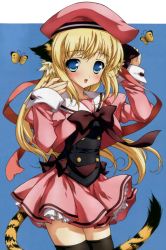 Rule 34 | animal ears, beret, blonde hair, blue eyes, bug, butterfly, cat ears, cat tail, frills, hat, insect, long hair, non-web source, sailor, school uniform, serafuku, solo, tail, thighhighs