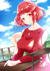 Rule 34 | 1girl, absurdres, alternate costume, breasts, casual, cup, earrings, highres, jewelry, large breasts, pyra (xenoblade), red eyes, red hair, risumi (taka-fallcherryblossom), short hair, sky, smile, solo, sweater, xenoblade chronicles (series), xenoblade chronicles 2