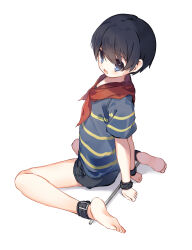 Rule 34 | 1boy, absurdres, barefoot, black hair, blue eyes, child, full body, highres, male focus, mother (game), mother 1, ninten, nintendo, open mouth, shirt, short hair, shorts, sitting, striped clothes, striped shirt, user eehs2222