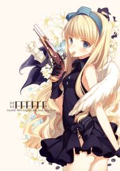 Rule 34 | 1girl, angel wings, blonde hair, blue eyes, bow, bullet, chess piece, cover, cover page, dress, flower, gloves, gun, hairband, handgun, lily (flower), long hair, mouth hold, original, purple dress, purple gloves, purple skirt, ribbon, skirt, solo, striped clothes, striped hairband, very long hair, weapon, white background, wings, yamucha
