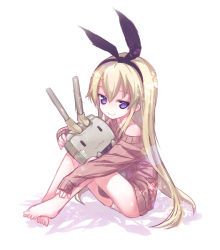 Rule 34 | 10s, 1girl, alternate costume, alternate eye color, barefoot, blonde hair, blush, full body, hairband, jitome, kantai collection, kiira, lens flare, long hair, looking at viewer, no pants, panties, personification, purple eyes, rensouhou-chan, ribbed sweater, shimakaze (kancolle), simple background, sitting, sketch, sleeves past wrists, smile, solo, sweater, underwear, white background, white panties