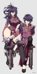 Rule 34 | 1boy, 1girl, ao no kiseki, artist name, black hair, black thighhighs, boots, breasts, chinese clothes, clawed gauntlets, crossed legs, dress, dual persona, eiyuu densetsu, eyes visible through hair, falcom, fishnets, full body, gauntlets, genderswap, genderswap (ftm), grey background, hair between eyes, hair ribbon, hand on another&#039;s shoulder, head rest, highres, large breasts, lips, looking at viewer, medium hair, pants, pelvic curtain, purple eyes, ribbon, rixia mao, sae but bu, shoes, simple background, sitting, standing, standing on one leg, tabard, thigh boots, thighhighs, thighs, zero no kiseki