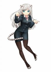 Rule 34 | 1girl, animal ears, animal print, bad id, bad pixiv id, blue eyes, cat ears, cat tail, clarinet (natsumi3230), formal, high heels, kurata rine, long hair, looking at viewer, pantyhose, pencil skirt, pinstripe pattern, pinstripe suit, shoes, simple background, skirt, skirt suit, slit pupils, smile, solo, striped, suit, tail, tiger ears, tiger print, tiger tail, white background