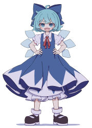 Rule 34 | 1girl, absurdres, ahoge, black footwear, blue bow, blue dress, blue eyes, blue hair, blush stickers, bow, cirno, collared shirt, detached wings, dress, fairy, fang, full body, hair bow, highres, ice, ice wings, kame (kamepan44231), looking at viewer, open mouth, puffy short sleeves, puffy sleeves, shirt, shoes, short hair, short sleeves, simple background, skin fang, smile, solo, standing, touhou, white background, white shirt, wings