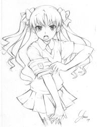 Rule 34 | 00s, 1girl, 2009, armband, bow, colored pencil (medium), greyscale, hair bow, highres, long hair, looking at viewer, monochrome, open mouth, pleated skirt, royce foo, scan, school uniform, shirai kuroko, simple background, sketch, skirt, sleeves rolled up, solo, sweater vest, teeth, thighhighs, toaru kagaku no railgun, toaru majutsu no index, traditional media, tsurime, twintails, white background