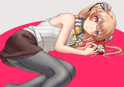 Rule 34 | 1girl, black pantyhose, box, brown skirt, commentary request, gift, grey sweater, hair ornament, heart-shaped box, johnston (kancolle), kantai collection, light brown hair, long hair, looking at viewer, lying, mayura (lucadia), official alternate costume, on side, panties, panties under pantyhose, pantyhose, plaid, plaid scarf, red eyes, scarf, skirt, sleeveless, sleeveless sweater, solo, sweater, two side up, underwear, yellow scarf