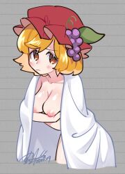 Rule 34 | 1girl, aki minoriko, blonde hair, blush, breasts, cleavage, closed mouth, collarbone, dated, fruit hat ornament, grape hat ornament, hat, hat ornament, highres, large breasts, mob cap, nipples, red eyes, red hat, shikido (khf), short hair, signature, solo, touhou