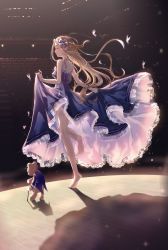 Rule 34 | 1girl, abigail williams (fate), animal, bare arms, bare shoulders, barefoot, blonde hair, blue bow, blue dress, bow, brown bow, bug, butterfly, cane, closed eyes, closed mouth, commentary request, dress, fate/grand order, fate (series), floating hair, hair bow, highres, indoors, insect, kinom (sculpturesky), long hair, multiple hair bows, off-shoulder dress, off shoulder, parted bangs, polka dot, polka dot bow, profile, soles, solo, standing, standing on one leg, stuffed animal, stuffed toy, teddy bear, very long hair