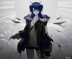 Rule 34 | 1girl, arknights, black jacket, black shorts, blue eyes, blue hair, character name, commentary, cowboy shot, fur-trimmed jacket, fur trim, grey background, halo, horns, huanxiang heitu, jacket, jewelry, long hair, long sleeves, looking at viewer, mostima (arknights), pendant, shirt, short shorts, shorts, smile, solo, standing, white shirt