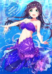 Rule 34 | 1girl, :d, bikini, bikini top only, bubble, circlet, commentary request, dated, earrings, hair down, happy birthday, highres, jewelry, ksk (semicha keisuke), long hair, looking at viewer, love live!, love live! school idol festival, love live! school idol project, mermaid costume, midriff, navel, open mouth, outstretched arms, purple bikini, purple hair, smile, solo, spread arms, swimsuit, tojo nozomi, underwater