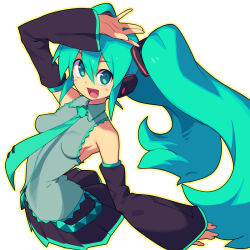 Rule 34 | 1girl, :d, aqua eyes, aqua hair, aqua necktie, arm up, black skirt, breasts, commentary request, detached sleeves, hair between eyes, hatsune miku, long hair, looking at viewer, medium breasts, metata, necktie, open mouth, simple background, skirt, smile, solo, twintails, very long hair, vocaloid, white background