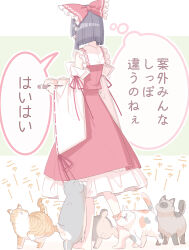 Rule 34 | 1girl, barefoot, black hair, bow, calico, cat, commentary request, detached sleeves, frilled bow, frilled hair tubes, frills, hair bow, hair tubes, hakurei reimu, holding, holding tray, long hair, pet food, red bow, red skirt, ribbon-trimmed sleeves, ribbon trim, sakuraba yuuki, skirt, skirt set, solo, speech bubble, tabby cat, thought bubble, touhou, translation request, tray
