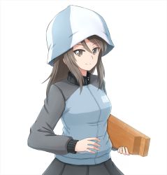 Rule 34 | 10s, 1girl, blue hat, blue jacket, blue skirt, brown eyes, brown hair, closed mouth, commentary, emblem, girls und panzer, hat, holding, holding instrument, instrument, jacket, kantele, keizoku military uniform, light smile, long hair, long sleeves, looking at viewer, mika (girls und panzer), military, military uniform, omachi (slabco), pleated skirt, raglan sleeves, simple background, skirt, solo, standing, track jacket, uniform, upper body, white background