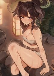 Rule 34 | 1girl, absurdres, apopo, arm across waist, arm support, blue archive, blush, breasts, brown hair, cleavage, commentary, halo, head wings, hibiki (blue archive), highres, lantern, long hair, looking at viewer, medium breasts, naked towel, onsen, outdoors, purple eyes, rock, smile, solo, thighs, towel, wet, wings