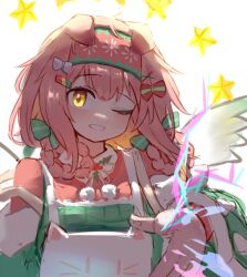 Rule 34 | 1girl, ;d, animal ears, apron, ark bone, arknights, arm up, bow, braid, cat ears, christmas, diamond-shaped pupils, diamond (shape), electricity, floppy ears, goldenglow (arknights), goldenglow (maiden for the bright night) (arknights), green apron, green bow, hair bow, hair ornament, hairband, long hair, looking at viewer, official alternate costume, one eye closed, open mouth, pink hair, pink hairband, pink sweater, print hairband, red bow, simple background, sketch, smile, solo, star (sky), sweater, symbol-shaped pupils, upper body, white background, white bow, x hair ornament, yellow eyes