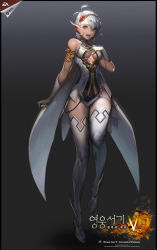 Rule 34 | 1girl, bare shoulders, blush, boots, breasts, center opening, cleavage, cleavage cutout, clothing cutout, elbow gloves, elf, fantasy, full body, gloves, green eyes, hairband, hand on own chest, heroes lore v, korean text, large breasts, legs, long legs, open mouth, pointy ears, repi, short hair, solo, thigh boots, thighhighs, thighs, white hair, white thighhighs