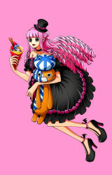 Rule 34 | 1girl, black dress, breasts, devil fruit, dress, drill hair, food, full body, hat, highres, holding, holding food, ice cream, large breasts, long hair, looking at viewer, official art, one piece, open mouth, perona, pink background, pink hair, scan, smile, solo, stuffed animal, stuffed toy, very long hair