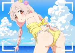 Rule 34 | 1girl, adjusting clothes, adjusting swimsuit, ahoge, ass, bare shoulders, blue sky, braid, brown hair, cloud, commentary request, day, flower, genderswap, genderswap (mtf), hair flower, hair ornament, heijialan, highres, leaning forward, light brown hair, long hair, looking at viewer, looking back, ocean, one-piece swimsuit, onii-chan wa oshimai!, outdoors, oyama mahiro, sky, solo, standing, swimsuit, thighs, twin braids, wet, yellow one-piece swimsuit