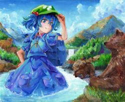 Rule 34 | 1girl, backpack, bag, bear, blue bag, blue eyes, blue hair, blue shirt, blue skirt, blue sky, cloud, cowboy shot, cub, day, flat cap, forest, hair between eyes, hair bobbles, hair ornament, hand on headwear, hand on own hip, harikona, hat, kawashiro nitori, key, looking at viewer, mountain, nature, oil painting (medium), outdoors, painting (medium), pocket, puffy short sleeves, puffy sleeves, river, shirt, short hair, short sleeves, skirt, skirt set, sky, smile, solo, standing, touhou, traditional media, two side up, wading, water, waterfall