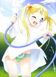 Rule 34 | 1girl, ;d, blonde hair, blue eyes, bow, bow panties, day, dengeki, green panties, hair bobbles, hair ornament, hose, jpeg artifacts, looking at viewer, moe (phrase), one eye closed, open mouth, panties, plaid, plaid panties, see-through, shirt, sky, smile, solo, twintails, underwear, water, wet, wet clothes, white shirt