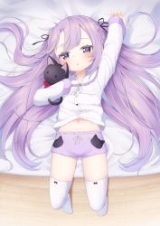 Rule 34 | 1girl, :o, arm up, bed, black ribbon, collared shirt, commentary request, dress shirt, hair ribbon, highres, kokone (coconeeeco), long hair, long sleeves, looking at viewer, lying, navel, hugging object, on back, on bed, original, parted lips, purple eyes, purple hair, purple shorts, ribbon, shirt, short shorts, shorts, sleeves past wrists, solo, stuffed animal, stuffed cat, stuffed toy, thighhighs, two side up, very long hair, white thighhighs, wooden floor