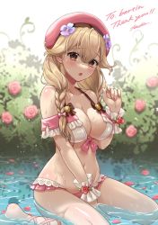 Rule 34 | 1girl, alternate costume, bare shoulders, bikini, blush, bow, braid, breasts, brown eyes, brown hair, cleavage, collarbone, commission, faye (fire emblem), fire emblem, fire emblem echoes: shadows of valentia, fire emblem heroes, flipped hair, flower, groin, hair ribbon, hat, highres, iria (yumeirokingyo), long hair, looking at viewer, low-braided long hair, low-tied long hair, medium breasts, nail polish, navel, nintendo, open mouth, petals, petals on liquid, pink bikini, pink bow, pink flower, pink nails, pink rose, ribbon, rose, second-party source, sitting, solo, swimsuit, twin braids, wariza, water, wet, wrist cuffs
