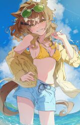 1girl absurdres animal_ears bikini blue_shorts blue_sky blush breasts cloud commentary_request eyewear_on_head green-tinted_eyewear grin hand_up highres horse_ears horse_girl horse_tail jacket jacket_partially_removed jungle_pocket_(tobasuze_hot_summer!)_(umamusume) jungle_pocket_(umamusume) komeko97 long_hair long_sleeves looking_at_viewer official_alternate_costume outdoors ponytail shorts sky small_breasts smile solo standing sunglasses swimsuit tail tinted_eyewear umamusume wading yellow_bikini yellow_eyes yellow_jacket