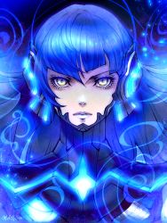 Rule 34 | 1boy, androgynous, armor, blue hair, bodysuit, collarbone, eyelashes, gloves, leki ixion, long hair, looking at viewer, male focus, protagonist (smtv), purple hair, shin megami tensei, shin megami tensei v, simple background, solo, very long hair, yellow eyes