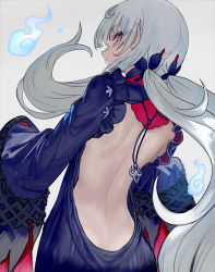 Rule 34 | 1girl, back, back focus, backless outfit, bare back, butt crack, commentary request, dress, from behind, grey background, grey hair, hitodama, jewelry, long hair, looking back, necklace, nijisanji, nijisanji en, no headwear, orange eyes, reimu endou, shoulder blades, simple background, solo, very long hair, very long sleeves, virtual youtuber, walzrj