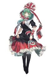 Rule 34 | 1girl, black shirt, commentary, cross-laced clothes, english commentary, frilled ribbon, frills, front ponytail, full body, green eyes, green hair, hair ribbon, highres, kagiyama hina, looking at viewer, medium hair, open mouth, red ribbon, red skirt, ribbon, shirt, simple background, skirt, solo, teasmacker, touhou, white background